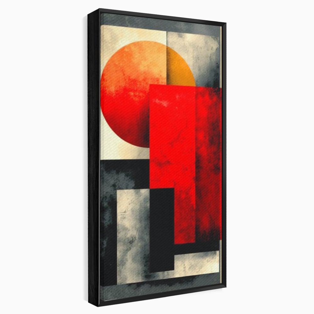 Tablou canvas cu tablou abstract geometric cu soare rosu, in rama de aluminiu negru